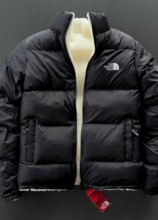 Чоловіча зимова двостороння куртка the north face зе норт фейс чорна на овчині унісекс
