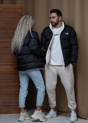 Чоловіча зимова двостороння куртка the north face зе норт фейс чорна на овчині унісекс