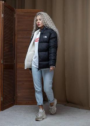 Чоловіча зимова двостороння куртка the north face зе норт фейс чорна на овчині унісекс