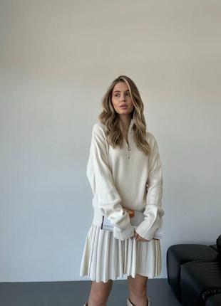 Костюм трикотажный женский комплект свитер с юбкой кофта с высокой горловиной на молнии юбка плиссированная плиссе бежевый
