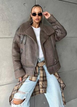 Дублянка мокко на хутрі на блискавці з поясом