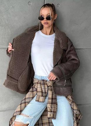 Дублянка мокко на хутрі на блискавці з поясом5 фото