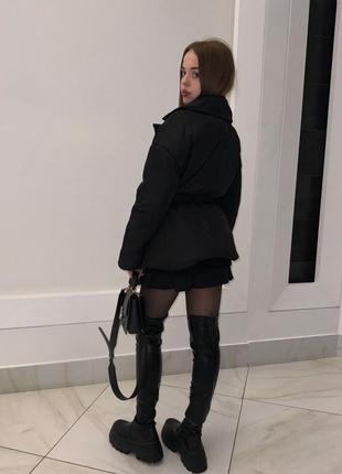 Стьогана чорна приталена куртка з поясом с м л 42 44 46 48 укорочене пальто6 фото