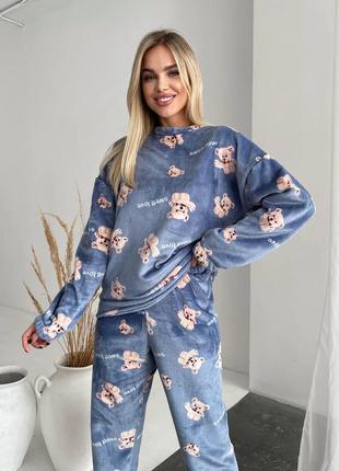 Пижама махровая женская теплая с брюками осенняя зимняя на осень зима серая черная бежевая розовая коричневая домашний костюм штаны кофта тедди плюшевая