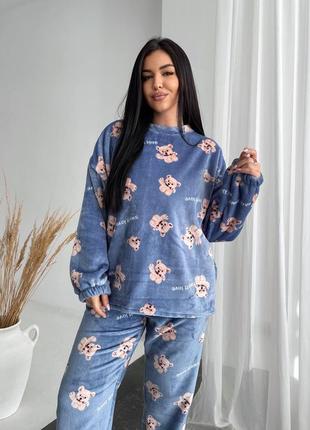 Пижама махровая женская теплая с брюками осенняя зимняя на осень зима серая черная бежевая розовая коричневая домашний костюм штаны кофта тедди плюшевая