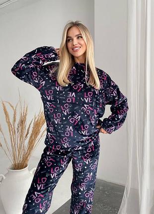 Пижама махровая женская теплая с брюками осенняя зимняя на осень зима серая черная бежевая розовая коричневая домашний костюм штаны кофта тедди плюшевая