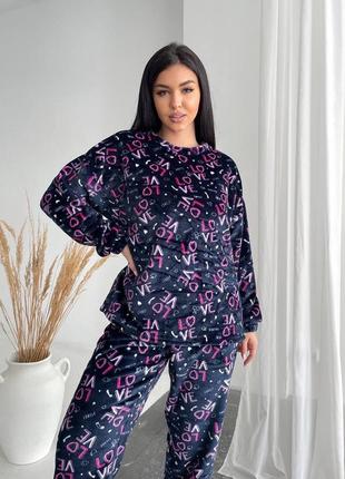 Пижама махровая женская теплая с брюками осенняя зимняя на осень зима серая черная бежевая розовая коричневая домашний костюм штаны кофта тедди плюшевая