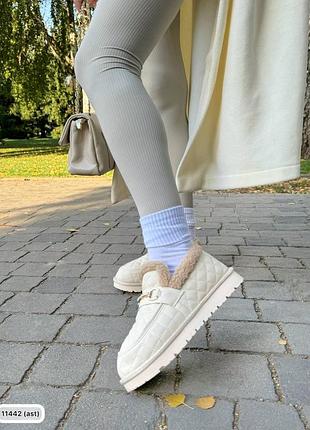 Шкіряні тапулі на хутрі тедді беж \ шкіряні жіночі лофери з хутром