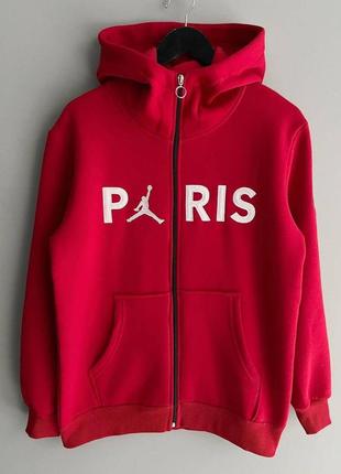 Теплая кофта на флисе на молнии с капюшоном psg fleece red, paris jordan