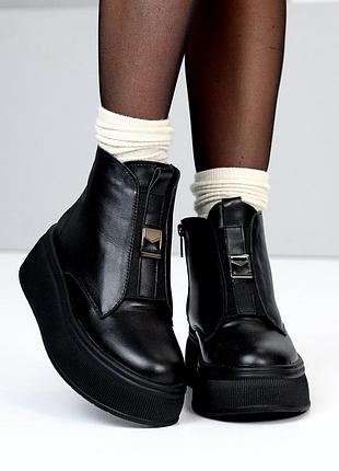 Натуральные кожаные зимние черные ботинки на высокой подошве