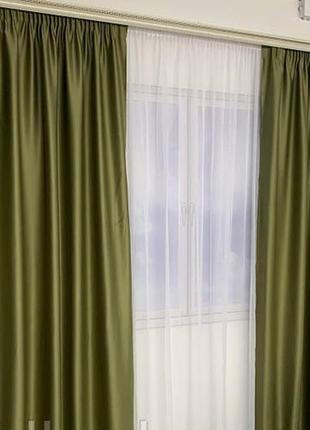 Готовые шторы в спальню, шторы из атласа, шторы в детскую комнату оливка