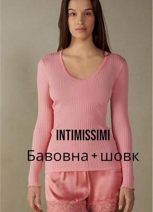 Нейовирный новый лонгслим в рубчик intimissi в нежном персиковом цвете с идеальным составом хлопка + шелк