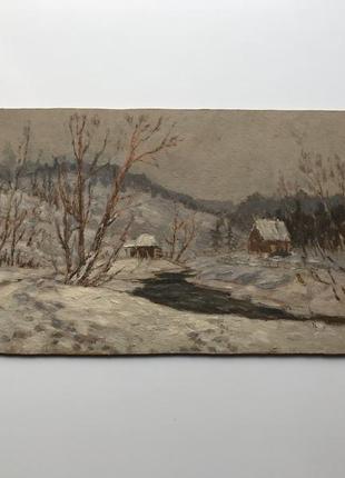 Картина маслом воробьев и д пейзаж 1950-1960е ссср картон масло зима вода деревья №38