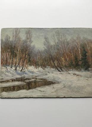 Мини картина маслом воробьев и д подпись пейзаж 1950-1960е ссср картон масло зима лес деревья №39