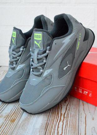 Крутые спортивные мужские кроссовки серые puma gray, цвета графит, кожаные + нейлон, влагонепроницае