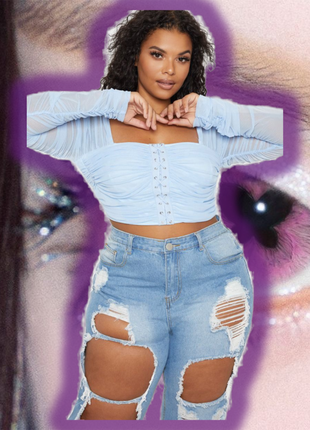 Голубой топ корсет на завязках с рукавами в сетку plt prettylittlething