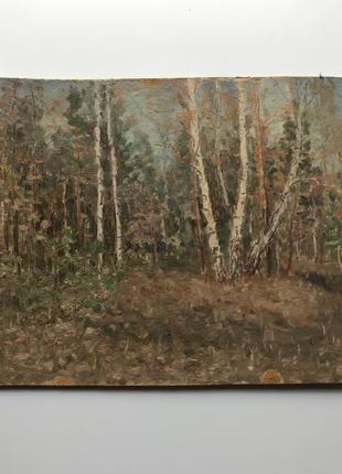 Картина маслом воробьев и д пейзаж 1950-1960-е ссср картон масло лес деревья природа №57