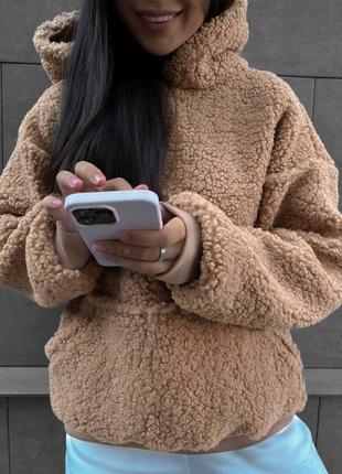 Свет коричневый теплый худи тедди ❤️ женский бежевый худи букле с капюшоном ❤️