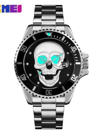 Чоловічий наручний класичний годинник skmei 9195 з черепом (сріблястий)3 фото
