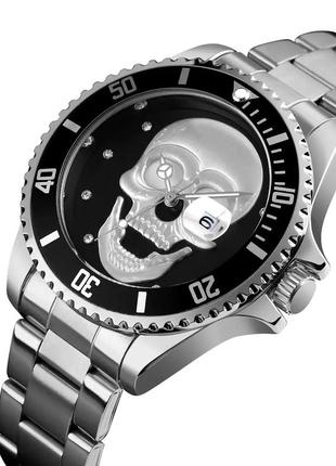 Чоловічий наручний класичний годинник skmei 9195 з черепом (сріблястий)2 фото