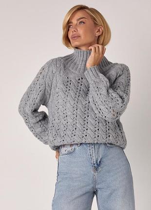 В'язаний жіночий светр з ажурними візерунками - сірий цвет, l (є розміри)