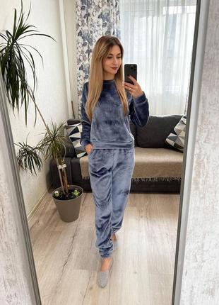 Жіночий тепла махрова піжама сіра (розміри 42/44, 46/48)