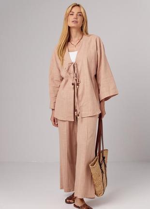 Лляний костюм з прямими штанами та сорочкою на зав'язках - бежевий цвет, s (є розміри)