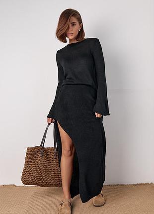 В'язаний костюм з джемпером та довгою спідницею з розрізом по нозі - чорний цвет, l (є розміри)