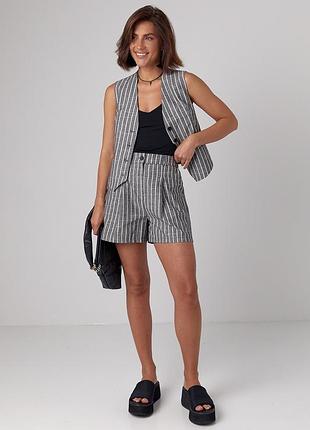 Жіночий літній костюм з шортами та жилетом у смужку - темно-сірий цвет, m (є розміри)