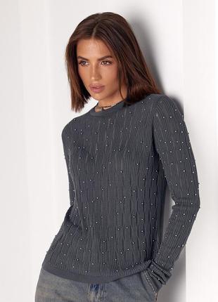 Жіночий ажурний джемпер прикрашений перлами - темно-сірий цвет, s (є розміри)