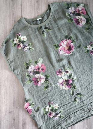 Рубашка блуза туника баталл лён хаки в цветочный принт 60-62