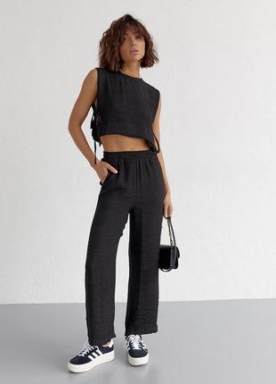 Літній жіночий костюм із брюками та топом із зав'язками - чорний цвет, l (є розміри)