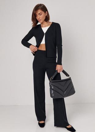 В'язаний жіночий костюм зі штанами та кардиганом - чорний цвет, l (є розміри)