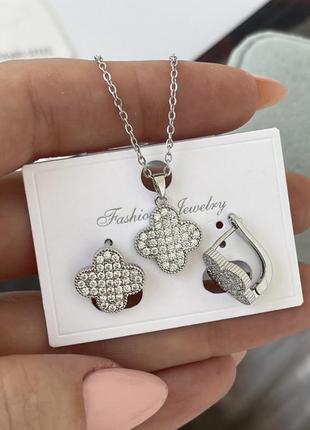 Комплект серьги и подвеска с клевером  stainless steel, позолоченный белым золотом