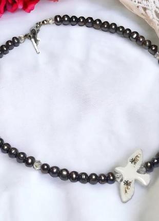 Чокер з натуральних чорних перлів з підвіскою горлиця, намисто з перлин, горлица чокер4 фото