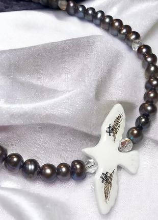 Чокер з натуральних чорних перлів з підвіскою горлиця, намисто з перлин, горлица чокер8 фото