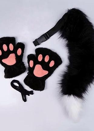 Набор "кошка" перчатки митенки и хвост меховые черный, унисекс wuke one size