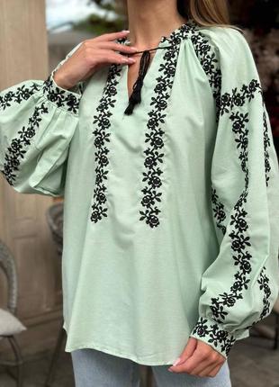 Стильная женская вышиванка, вышитая рубашка, мятная, блуза с вышивкой с длинным рукавом2 фото