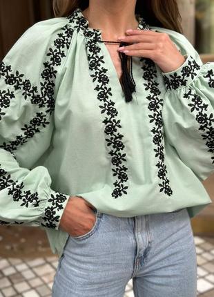 Стильная женская вышиванка, вышитая рубашка, мятная, блуза с вышивкой с длинным рукавом7 фото