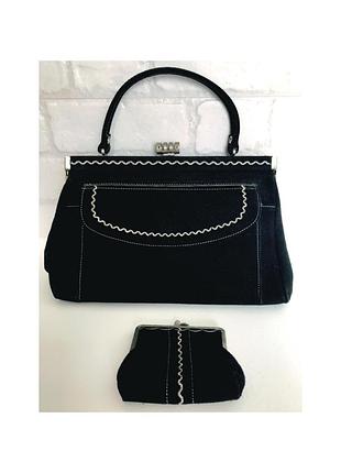 Замшевая винтажная сумка набор с кошельком натуральная сумка черная замш