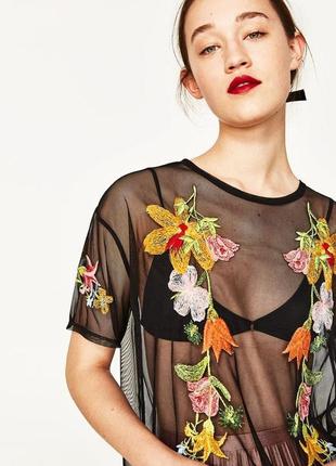 Zara топ футболка сетка вышивка цветы / прозрачная блузка