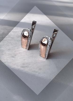 🛍 серьги серебро с золотом золотая пластина фианит белый
