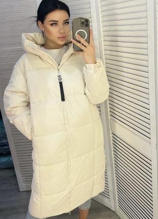 Пальто куртка жіноче довге з капюшоном стьобане тепле базове осіннє зимове на осінь зиму демісезонне біле коричневе бежеве