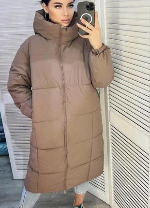 Пальто куртка жіноче довге з капюшоном стьобане тепле базове осіннє зимове на осінь зиму демісезонне біле коричневе бежеве