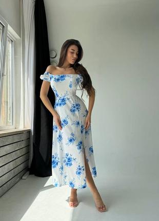Платье миди с разрезом штапель летнее лёгкое принт цветы3 фото