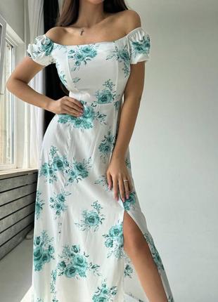 Платье миди с разрезом штапель летнее лёгкое принт цветы4 фото
