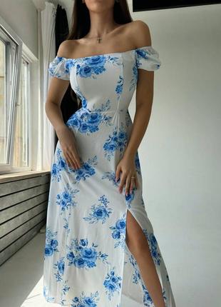 Платье миди с разрезом штапель летнее лёгкое принт цветы5 фото