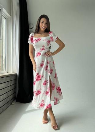 Платье миди с разрезом штапель летнее лёгкое принт цветы8 фото