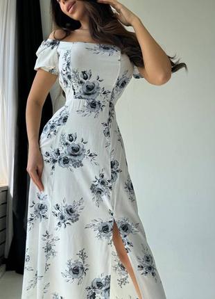Платье миди с разрезом штапель летнее лёгкое принт цветы7 фото