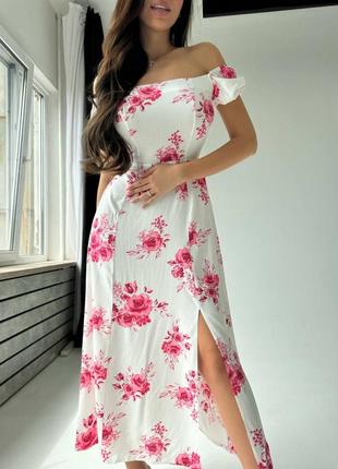 Платье миди с разрезом штапель летнее лёгкое принт цветы9 фото